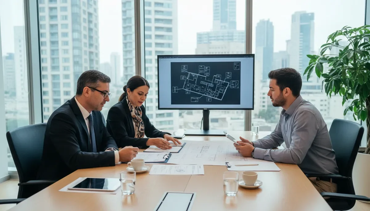 שמאי רכוש, עורך דין ומהנדס עובדים יחד סביב שולחן ועידה