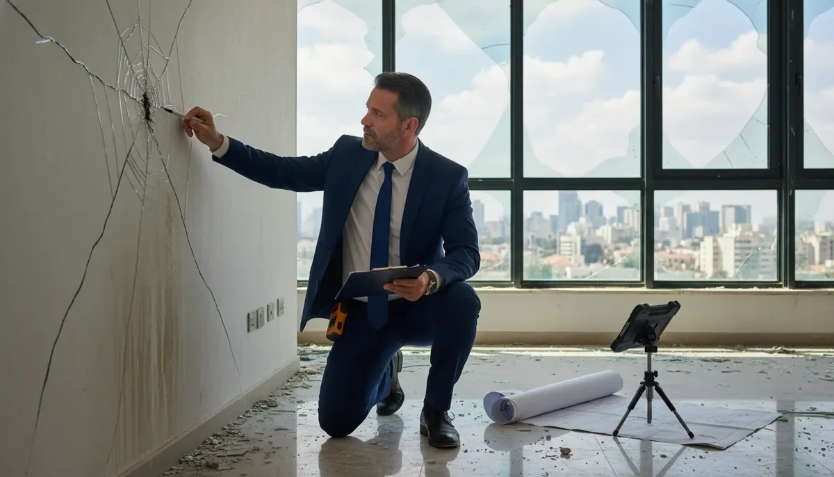 שמאי רכוש בודק נזק לנכס ומתעד ממצאים לצורך תביעת ביטוח
