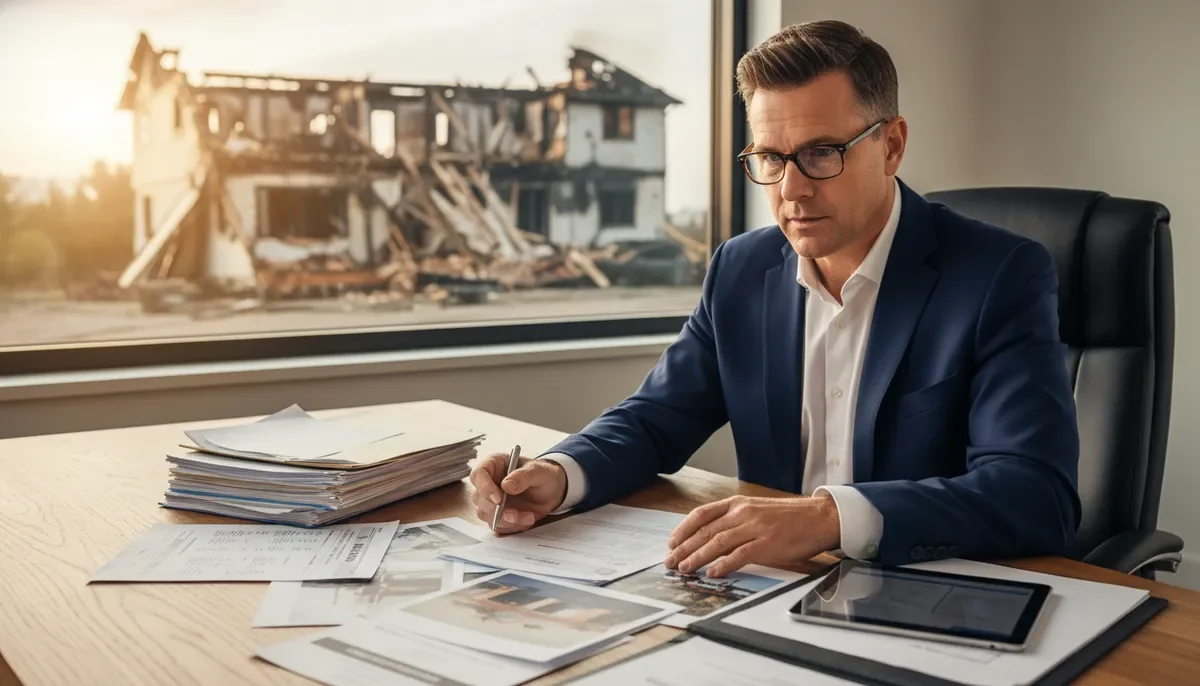 שמאי רכוש בוחן מסמכי תביעת ביטוח לאחר נזק משמעותי