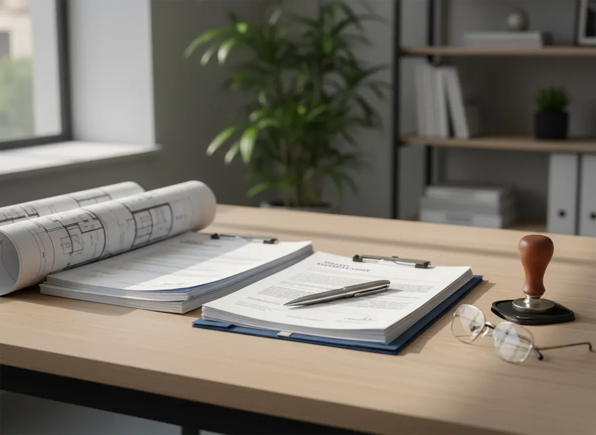 סביבת עבודה מקצועית של שמאי רכוש — מסמכי הערכה ותוכניות בנייה על שולחן עבודה מסודר
