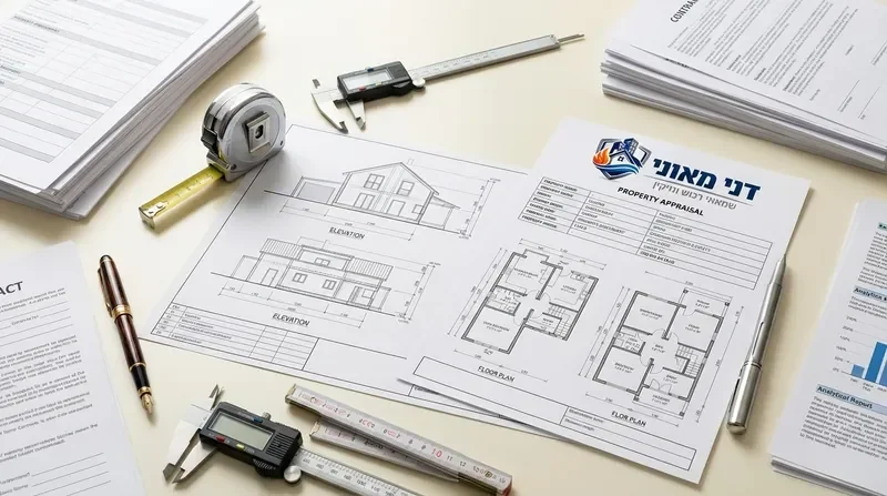 מסמכי שמאות ומדידה מקצועיים על שולחן עבודה